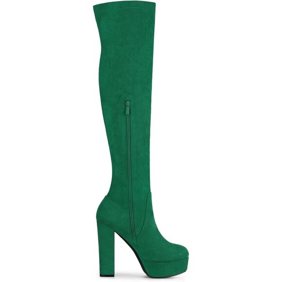 Women Green Suede Chunky Heel Rounded Toe Over the Knee Thigh High Boots - Picture 6 of 6